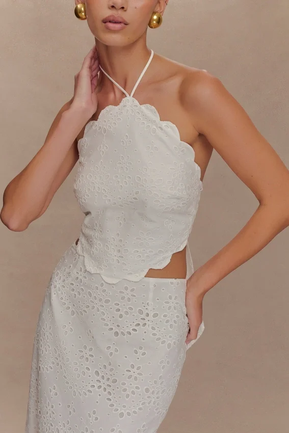 Kensley Broderie Halter Top – White Kensley Broderie Halter Top – White