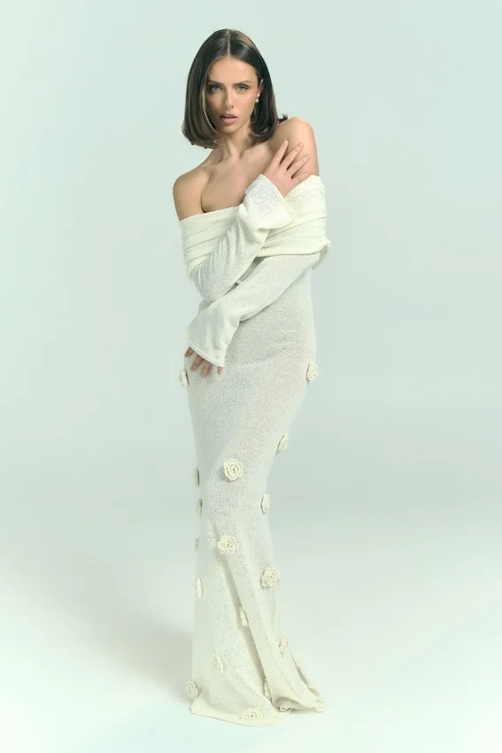 Kiki Off Shoulder Knit Rose Maxi Dress – Ivory Kiki Off Shoulder Knit Rose Maxi Dress – Ivory