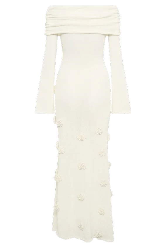 Kiki Off Shoulder Knit Rose Maxi Dress – Ivory Kiki Off Shoulder Knit Rose Maxi Dress – Ivory
