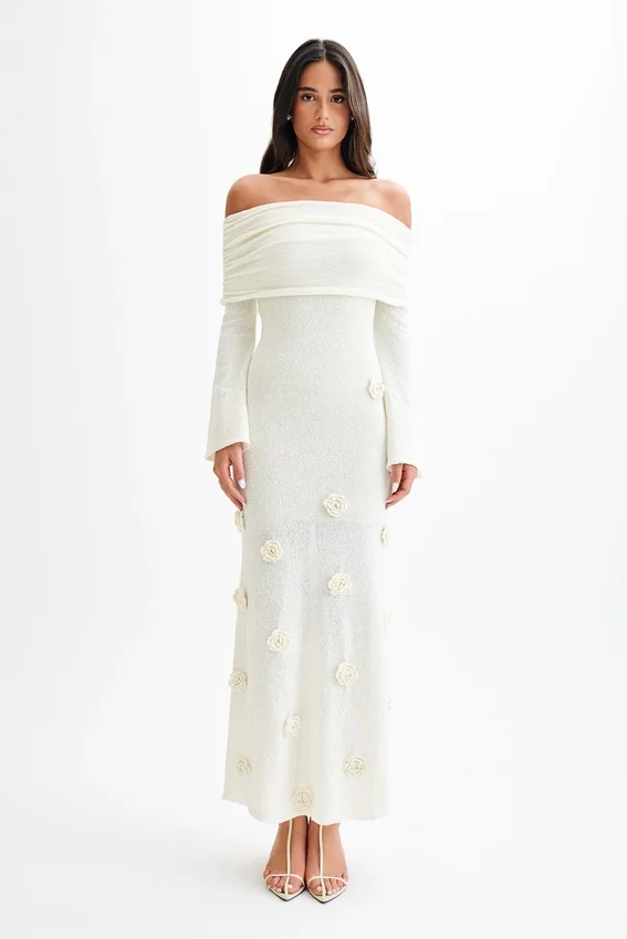 Kiki Off Shoulder Knit Rose Maxi Dress – Ivory Kiki Off Shoulder Knit Rose Maxi Dress – Ivory