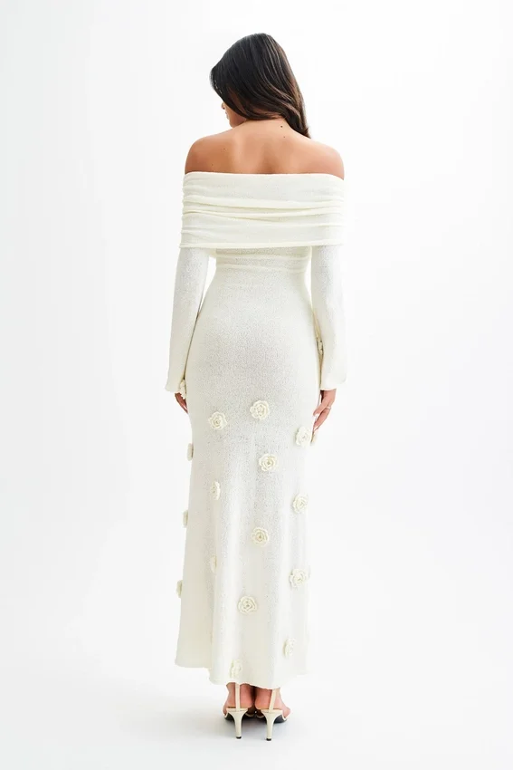 Kiki Off Shoulder Knit Rose Maxi Dress – Ivory Kiki Off Shoulder Knit Rose Maxi Dress – Ivory