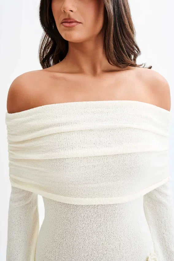 Kiki Off Shoulder Knit Rose Maxi Dress – Ivory Kiki Off Shoulder Knit Rose Maxi Dress – Ivory