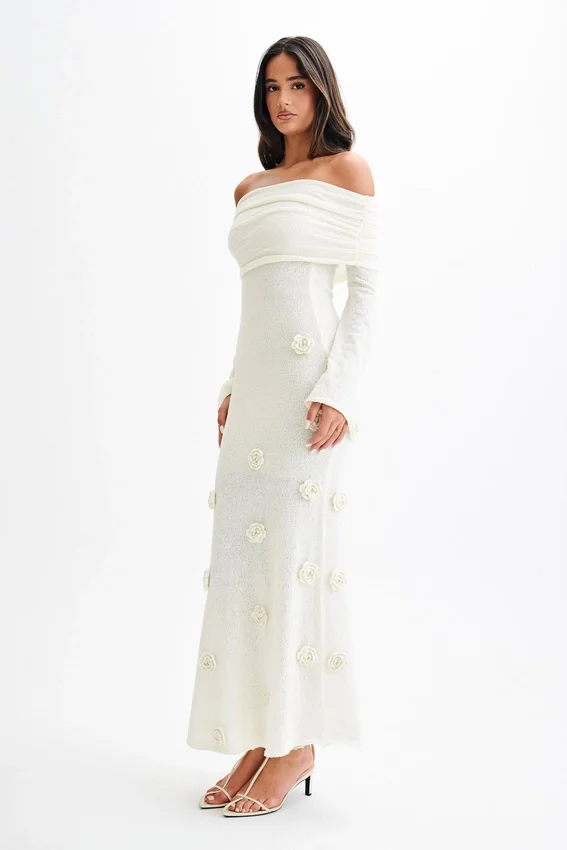 Kiki Off Shoulder Knit Rose Maxi Dress – Ivory Kiki Off Shoulder Knit Rose Maxi Dress – Ivory