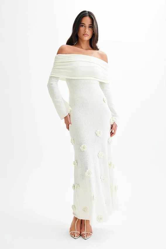 Kiki Off Shoulder Knit Rose Maxi Dress – Ivory Kiki Off Shoulder Knit Rose Maxi Dress – Ivory
