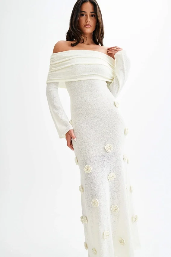 Kiki Off Shoulder Knit Rose Maxi Dress – Ivory Kiki Off Shoulder Knit Rose Maxi Dress – Ivory