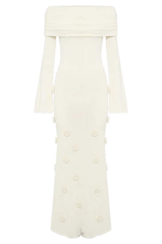 Kiki Off Shoulder Knit Rose Maxi Dress – Ivory Kiki Off Shoulder Knit Rose Maxi Dress – Ivory