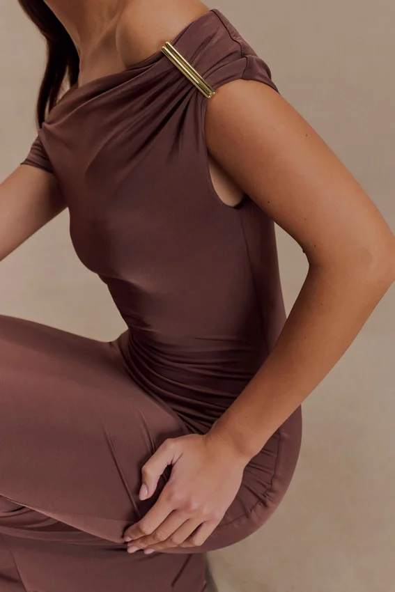 Kinsley Slinky Maxi Dress With Hardware – Chocolate Kinsley Slinky Maxi Dress With Hardware – Chocolate