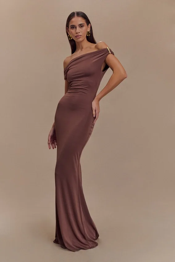 Kinsley Slinky Maxi Dress With Hardware – Chocolate Kinsley Slinky Maxi Dress With Hardware – Chocolate