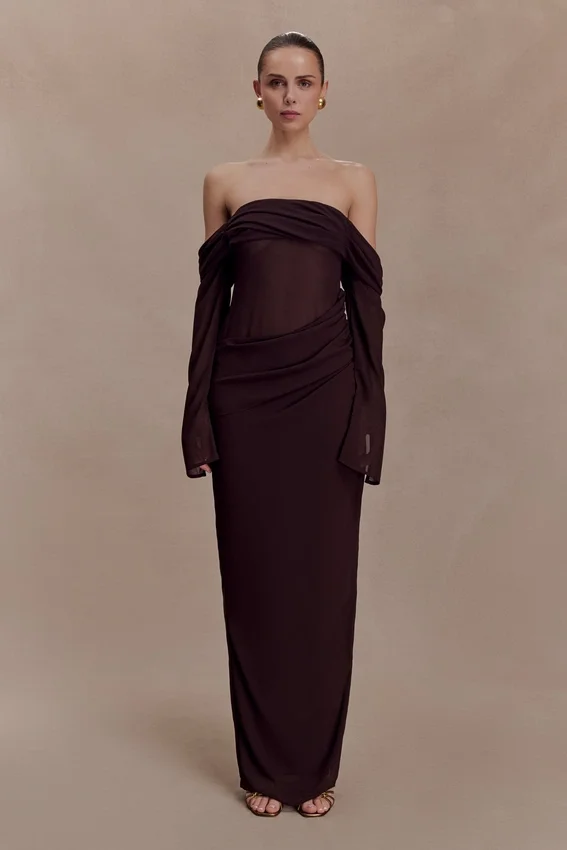 Kirsten Off Shoulder Chiffon Maxi Dress – Cacao Brown Kirsten Off Shoulder Chiffon Maxi Dress – Cacao Brown