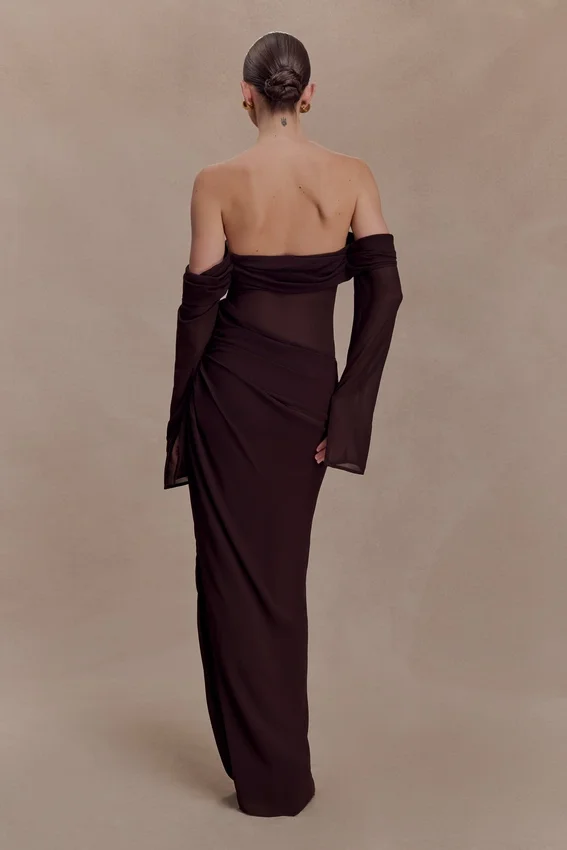 Kirsten Off Shoulder Chiffon Maxi Dress – Cacao Brown Kirsten Off Shoulder Chiffon Maxi Dress – Cacao Brown