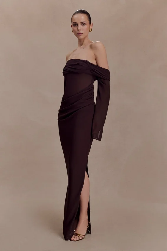 Kirsten Off Shoulder Chiffon Maxi Dress – Cacao Brown Kirsten Off Shoulder Chiffon Maxi Dress – Cacao Brown