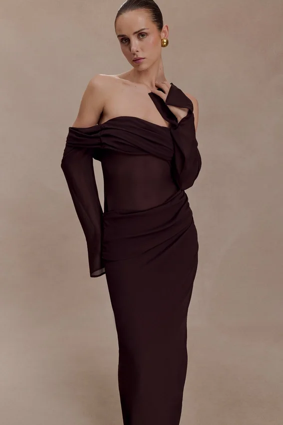 Kirsten Off Shoulder Chiffon Maxi Dress – Cacao Brown Kirsten Off Shoulder Chiffon Maxi Dress – Cacao Brown