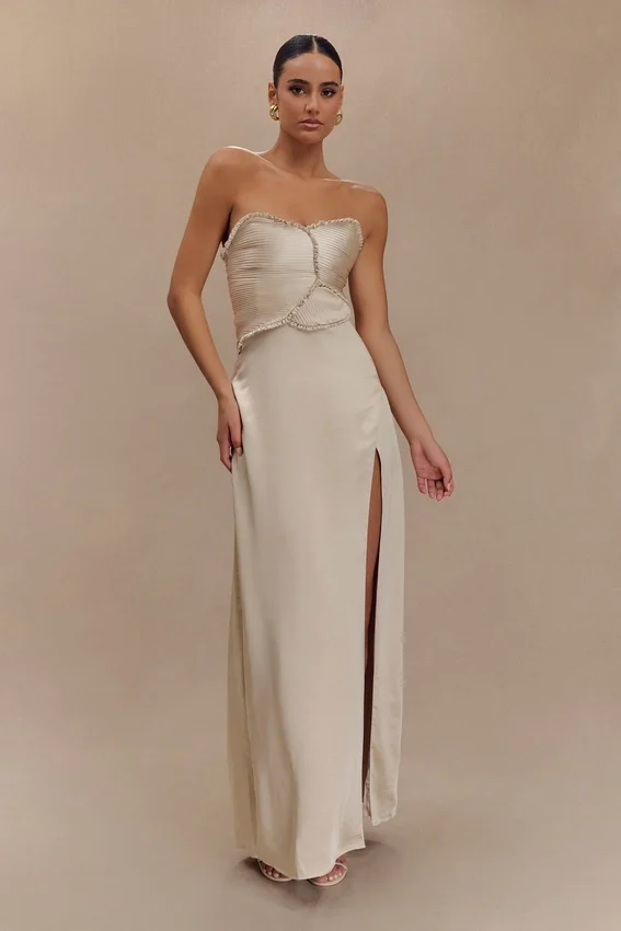 Larissa Satin Maxi Dress With Ruched Petals – Blush Gold Larissa Satin Maxi Dress With Ruched Petals – Blush Gold