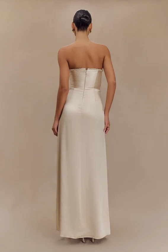 Larissa Satin Maxi Dress With Ruched Petals – Blush Gold Larissa Satin Maxi Dress With Ruched Petals – Blush Gold