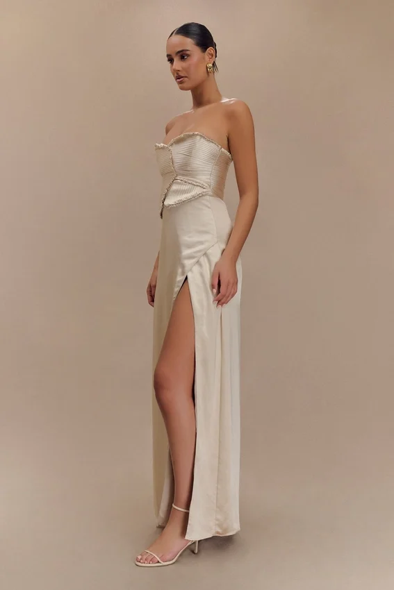 Larissa Satin Maxi Dress With Ruched Petals – Blush Gold Larissa Satin Maxi Dress With Ruched Petals – Blush Gold