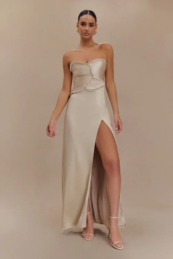 Larissa Satin Maxi Dress With Ruched Petals – Blush Gold Larissa Satin Maxi Dress With Ruched Petals – Blush Gold