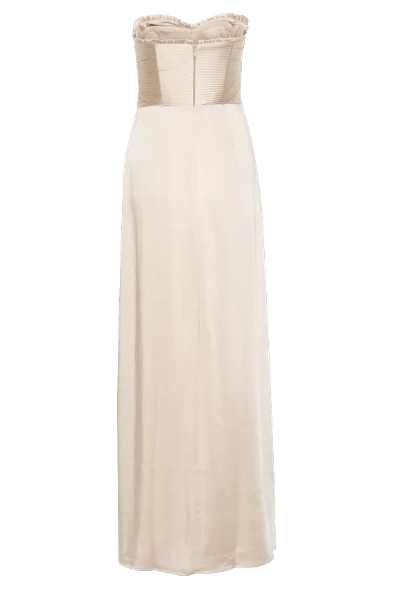 Larissa Satin Maxi Dress With Ruched Petals – Blush Gold Larissa Satin Maxi Dress With Ruched Petals – Blush Gold