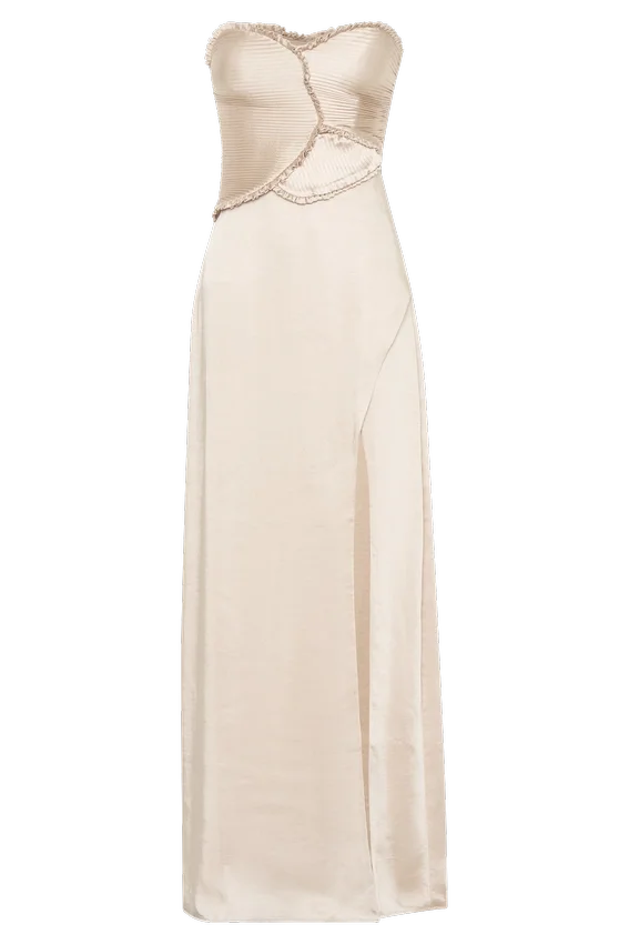 Larissa Satin Maxi Dress With Ruched Petals – Blush Gold Larissa Satin Maxi Dress With Ruched Petals – Blush Gold