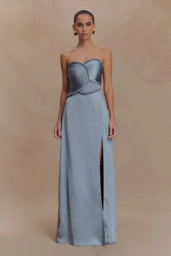 Larissa Satin Maxi Dress With Ruched Petals – Frosted Blue Larissa Satin Maxi Dress With Ruched Petals – Frosted Blue