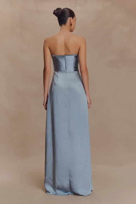 Larissa Satin Maxi Dress With Ruched Petals – Frosted Blue Larissa Satin Maxi Dress With Ruched Petals – Frosted Blue