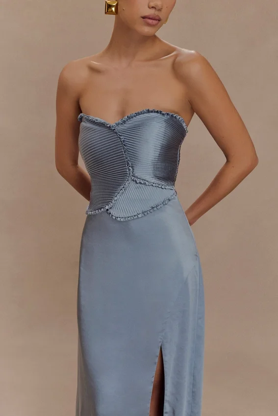 Larissa Satin Maxi Dress With Ruched Petals – Frosted Blue Larissa Satin Maxi Dress With Ruched Petals – Frosted Blue