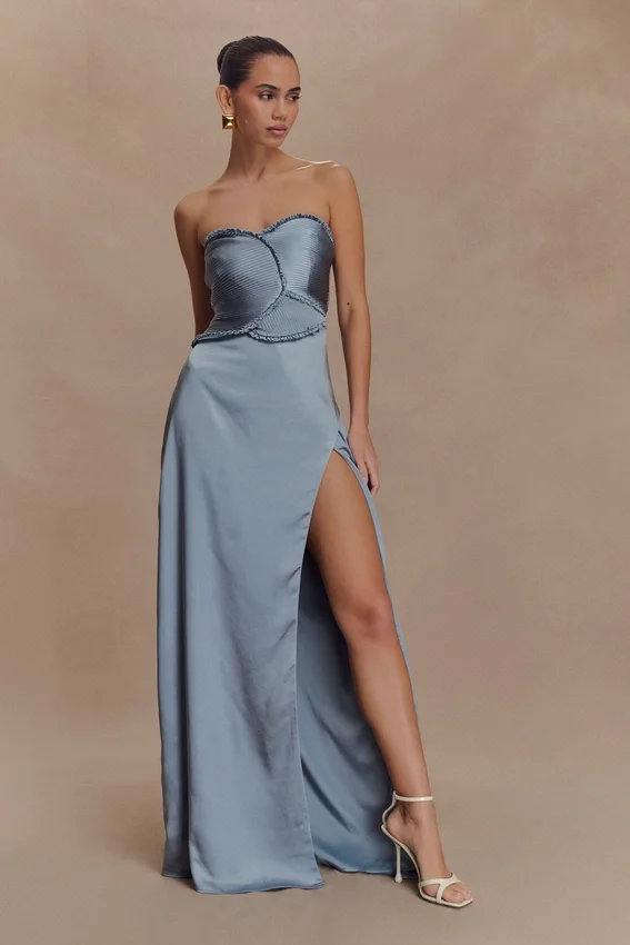 Larissa Satin Maxi Dress With Ruched Petals – Frosted Blue Larissa Satin Maxi Dress With Ruched Petals – Frosted Blue