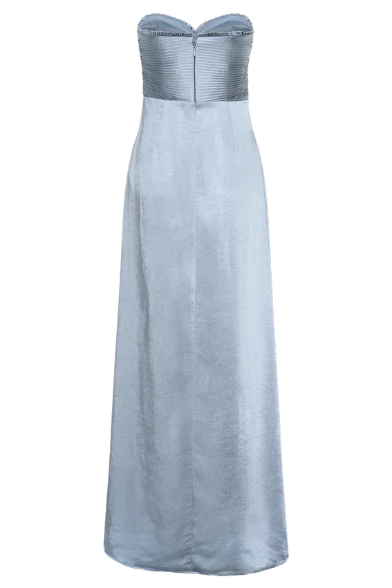 Larissa Satin Maxi Dress With Ruched Petals – Frosted Blue Larissa Satin Maxi Dress With Ruched Petals – Frosted Blue