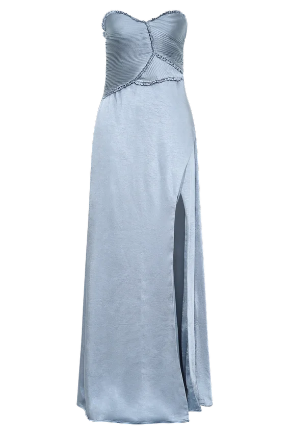Larissa Satin Maxi Dress With Ruched Petals – Frosted Blue Larissa Satin Maxi Dress With Ruched Petals – Frosted Blue