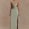 Larissa Satin Maxi Dress With Ruched Petals – Sage Larissa Satin Maxi Dress With Ruched Petals – Sage