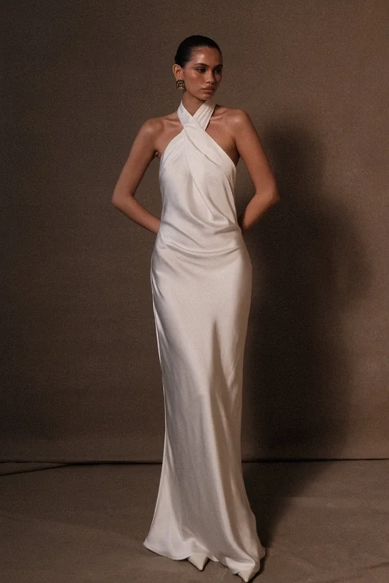 Laura Halter Satin Gown – White Laura Halter Satin Gown – White