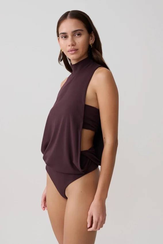 Laurelle Sleeveless Modal Draped Bodysuit – Chocolate Laurelle Sleeveless Modal Draped Bodysuit – Chocolate