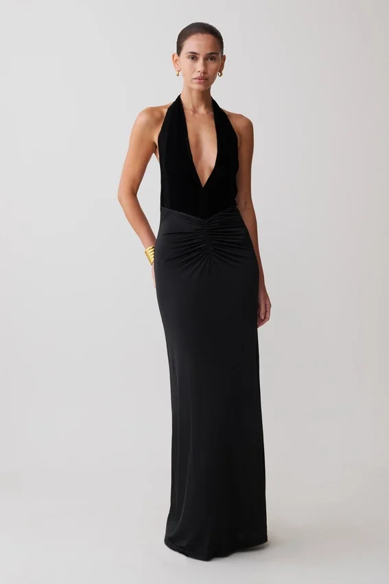 Lien Mesh Velvet Plunge Midi Dress – Black Lien Mesh Velvet Plunge Midi Dress – Black