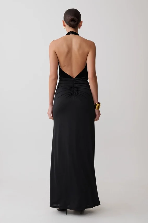 Lien Mesh Velvet Plunge Midi Dress – Black Lien Mesh Velvet Plunge Midi Dress – Black