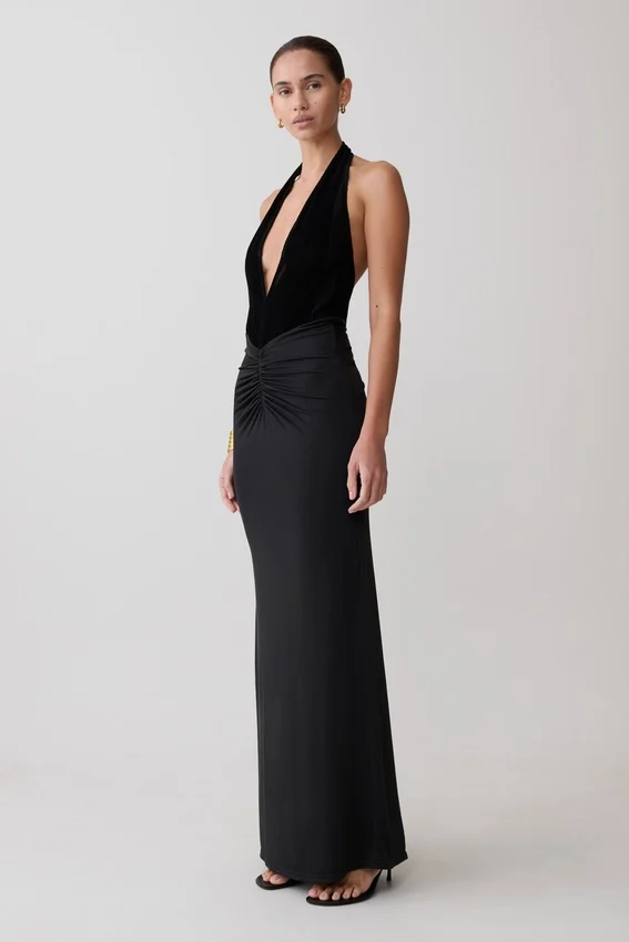 Lien Mesh Velvet Plunge Midi Dress – Black Lien Mesh Velvet Plunge Midi Dress – Black