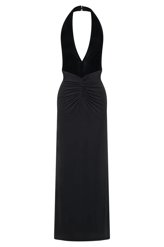 Lien Mesh Velvet Plunge Midi Dress – Black Lien Mesh Velvet Plunge Midi Dress – Black