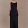 Lydia Cowl Neck Satin Maxi Dress – Black