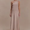 Lyla Asymmetrical Satin Maxi Dress – Bronze Taupe