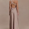 Lyla Asymmetrical Satin Maxi Dress – Bronze Taupe