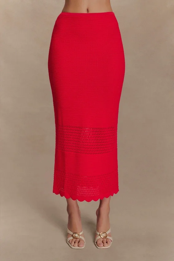 Madeline Scallop Knit Midi Skirt – Red Madeline Scallop Knit Midi Skirt – Red