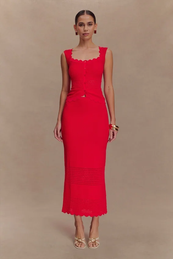 Madeline Scallop Knit Midi Skirt – Red Madeline Scallop Knit Midi Skirt – Red