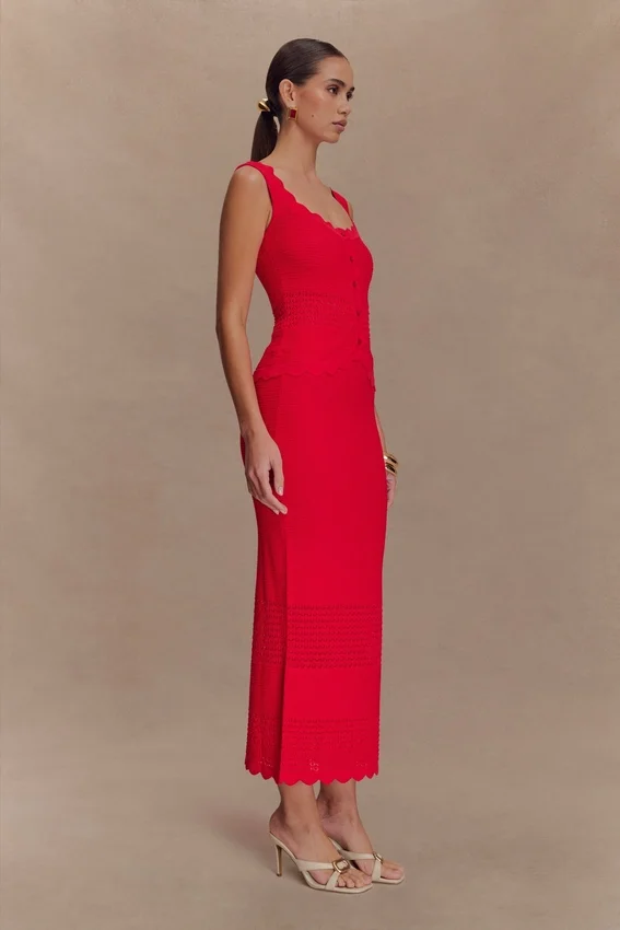Madeline Scallop Knit Midi Skirt – Red Madeline Scallop Knit Midi Skirt – Red