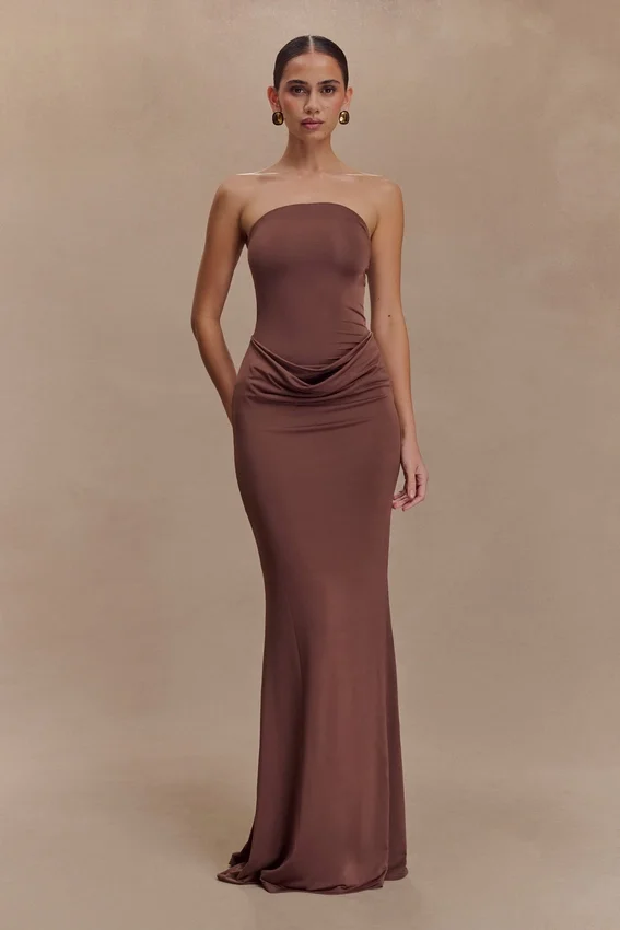 Madison Strapless Slinky Maxi Dress – Chocolate Madison Strapless Slinky Maxi Dress – Chocolate
