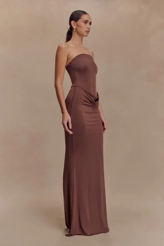 Madison Strapless Slinky Maxi Dress – Chocolate Madison Strapless Slinky Maxi Dress – Chocolate