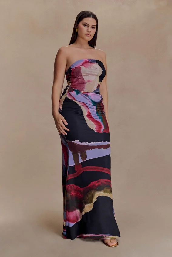 Madison Strapless Slinky Maxi Dress – Multi Fluid Reverie Print Madison Strapless Slinky Maxi Dress – Multi Fluid Reverie Print