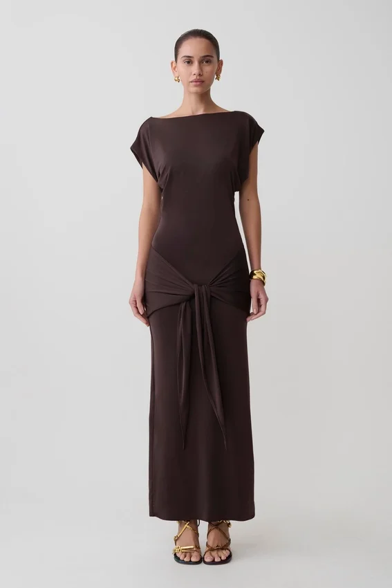 Maiara Shortsleeve Slinky Tie Maxi Dress – Chocolate Maiara Shortsleeve Slinky Tie Maxi Dress – Chocolate