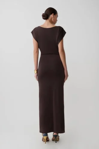 Maiara Shortsleeve Slinky Tie Maxi Dress – Chocolate
