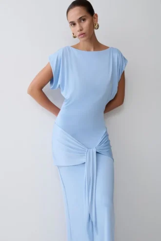 Maiara Shortsleeve Slinky Tie Maxi Dress – Sea Blue