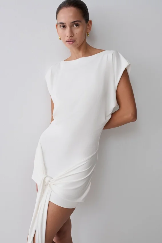 Maiara Shortsleeve Slinky Tie Mini Dress – White Maiara Shortsleeve Slinky Tie Mini Dress – White