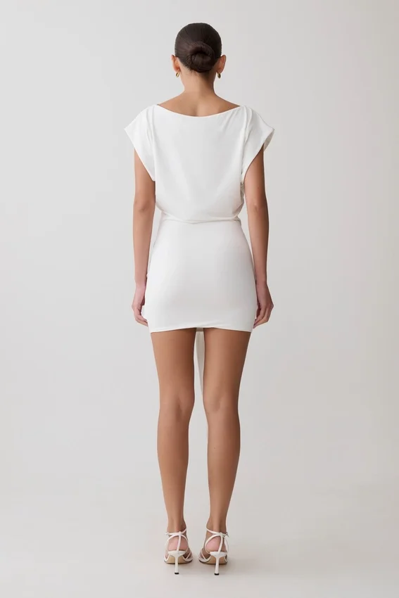 Maiara Shortsleeve Slinky Tie Mini Dress – White Maiara Shortsleeve Slinky Tie Mini Dress – White
