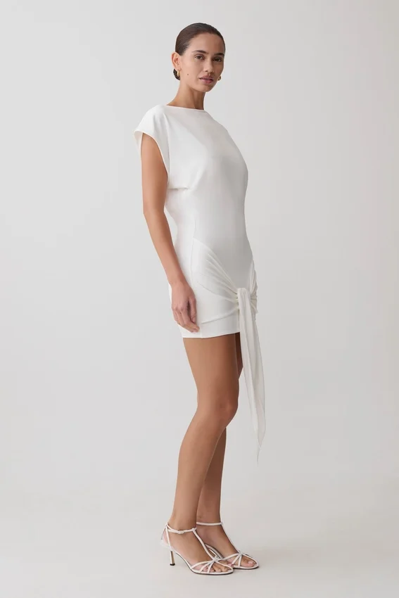 Maiara Shortsleeve Slinky Tie Mini Dress – White Maiara Shortsleeve Slinky Tie Mini Dress – White